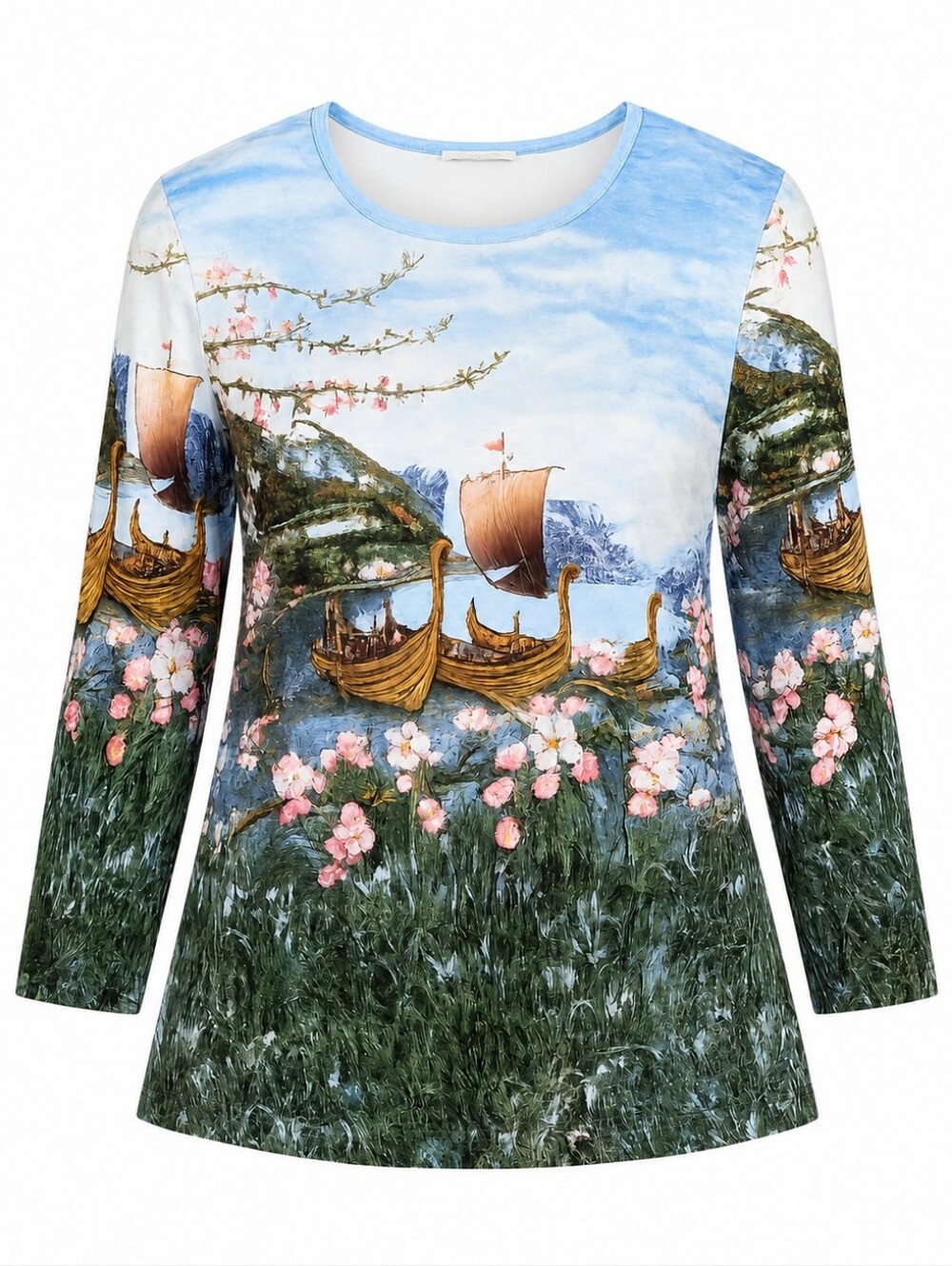 Tradition Country Scenic Floral Viking Boat Print Long-Sleeve Women Cotton Top L